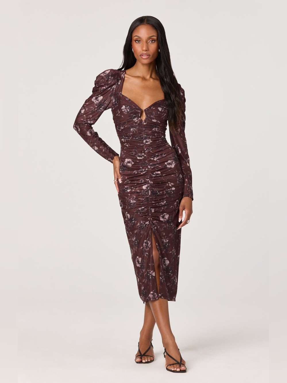 ASTR The Label Ruched Mesh Midi Dress Size Medium Burgundy Floral New